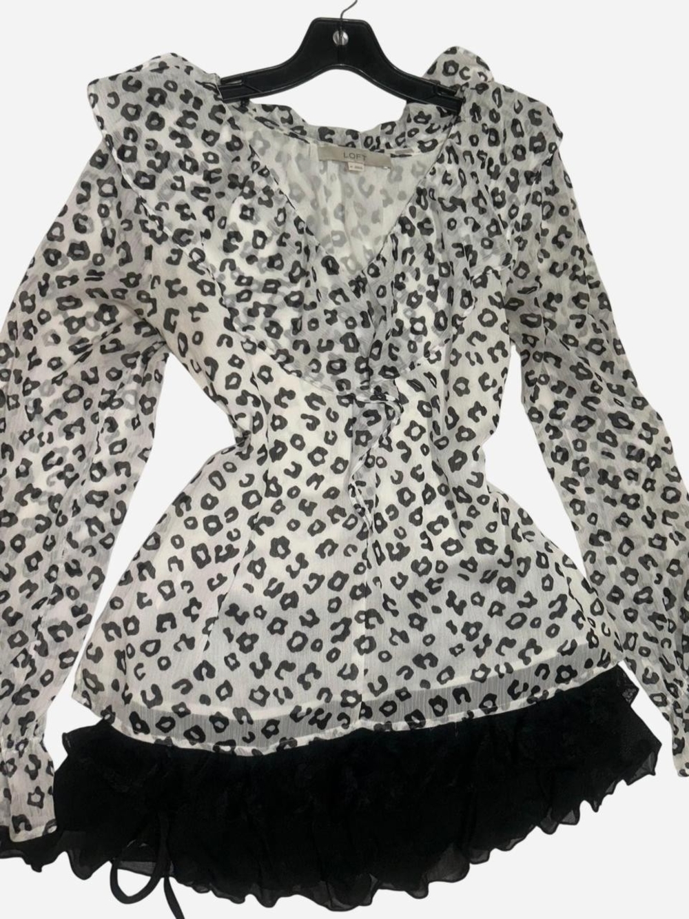 LOFT White and Black Leopard Print Ruffle V-Neck Blouse